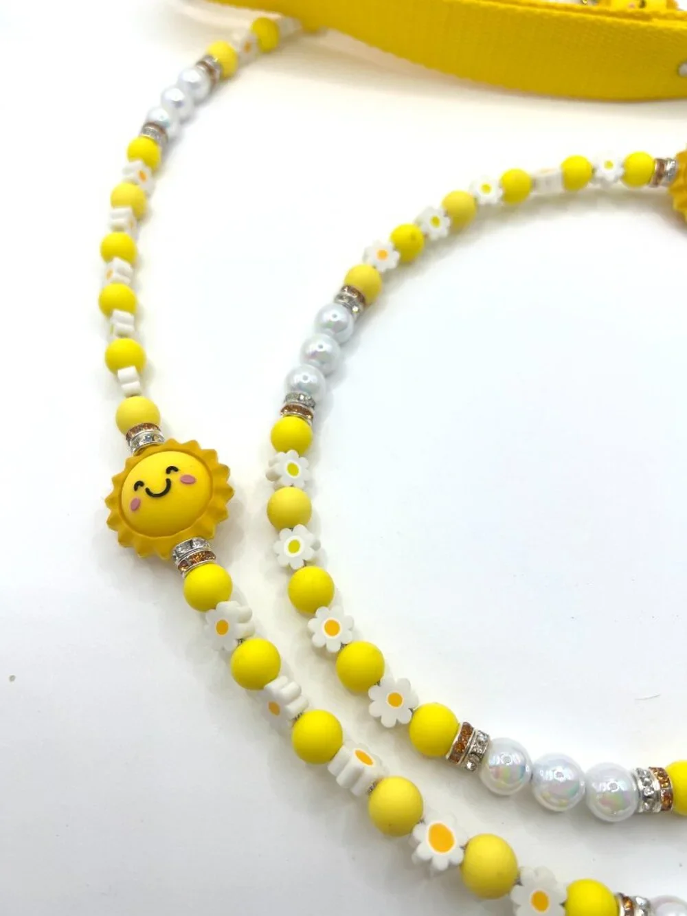 You Are My Sunshine Beaded Dog Leash | Handmade Yellow Daisy & Pearl Luxury Dog
